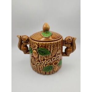 Vintage Canada Souvenir Squirrel Tree Stump Ceramic Sugar Bowl with Lid